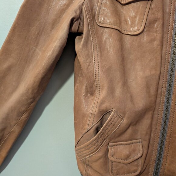 Fossil Womens Leather Bomber Jacket Brown Size Small Front Pockets Ribbed Trim - Picture 5 of 13
